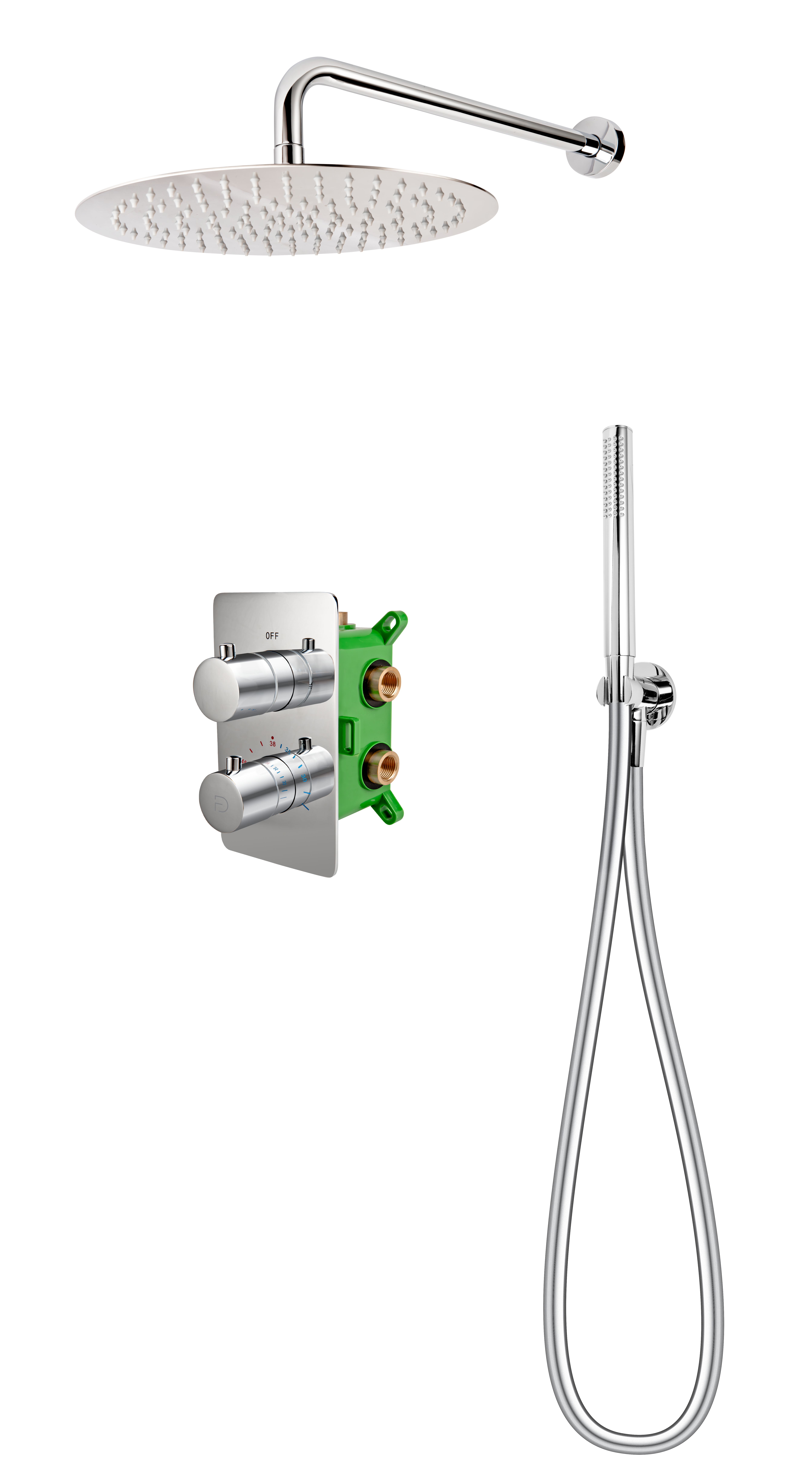 Sistem dus 6 in 1 termostatat Stabilla, BOX cu baterie termostatata incastrata 2 iesiri, cap dus fix, brat, para, furtun si racord pentru baterie