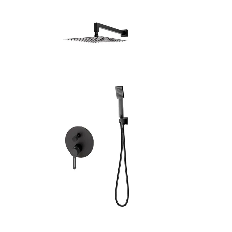 Sistem dus 6 in 1, baterie incastrata 2 iesiri, cap dus fix, brat, para, furtun si racord pentru baterie incastrata, negru, Zaffiro, FDesign